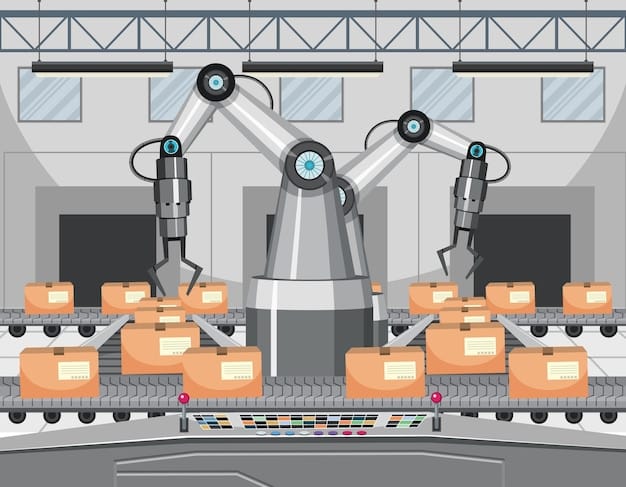 Interior of a vast, automated warehouse filled with conveyor belts, robotic arms sorting packages, and workers overseeing the operations, highlighting the efficiency of modern logistics.