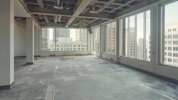 A split image showing one side with empty office spaces and 