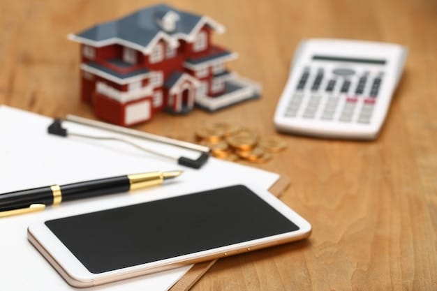A miniature house sitting on a stack of US tax forms, with a depreciation schedule visible. A pen and calculator are beside the house, emphasizing financial planning.