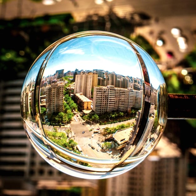A cityscape with various types of buildings, representing a diversified REIT portfolio, with a magnifying glass focusing on one building indicating due diligence.