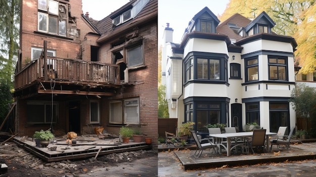 A before-and-after shot of a building facade.  The 